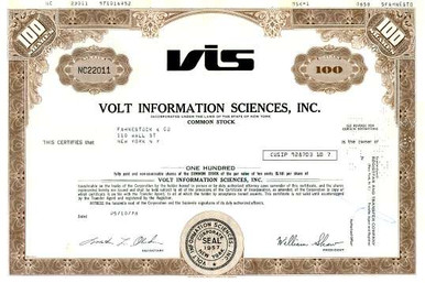 Volt Information Sciences, Inc. (VIS) 1970's - Scripophily.com ...