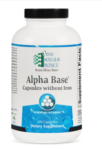 Ortho Molecular Alpha Base capsules without Iron 240 Capsules (front)