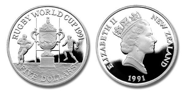 New Zealand 1991 Rugby World Cup 5 Dollars Silver Proof Coin