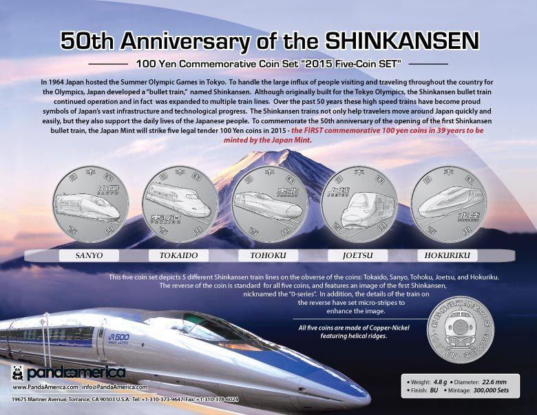 Japan 2015 50th Anniversary of the Shinkansen Train 100 Yen 5-Coin Set