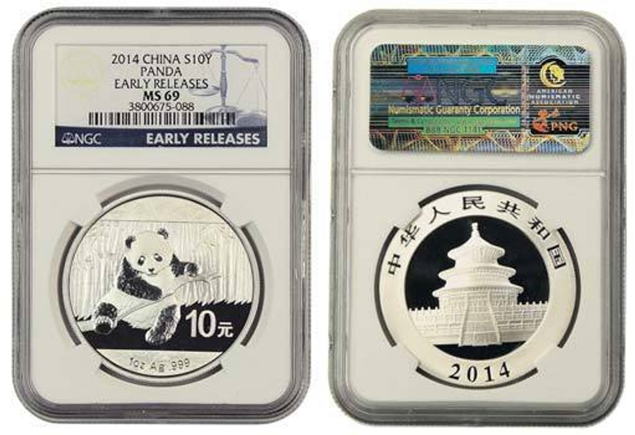 China 2014 Panda 1 oz Silver Coin - NGC MS-69 Early Release - Blue