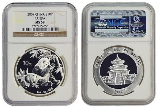 大清銀幣　３９．９ｍｍ　３１．３９ｇｍ China 2007 Panda 1 oz Silver Coin - NGC MS-69 - Panda America