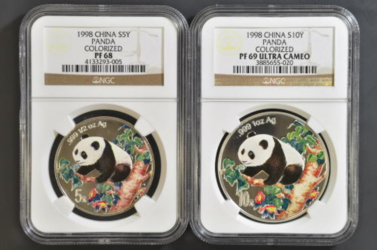 afstand meubilair Oost Timor China 1998 Panda 1 oz and 1/2 oz Silver Color 2-Coin Set - NGC PF-69 UC and  NGC PF-68 UC - Panda America Corporation