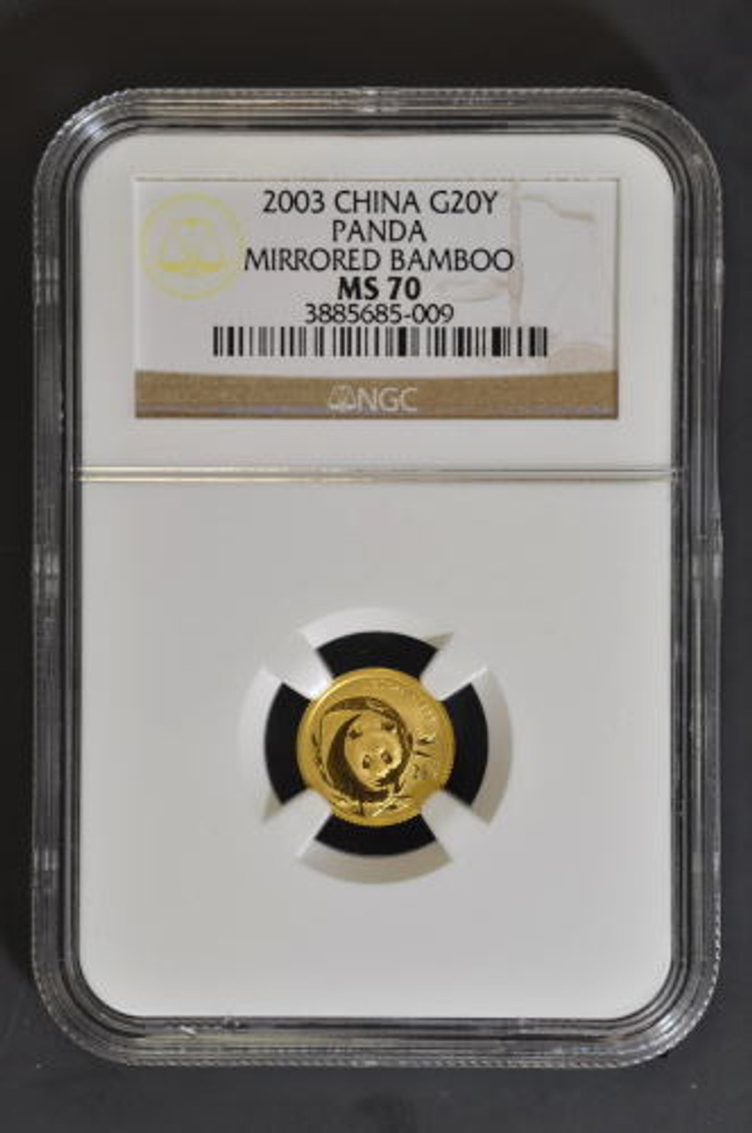 China 2003 Panda 1/20 oz Gold Coin Mirrored Bamboo NGC MS70