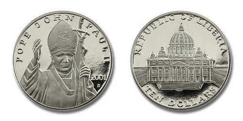 Liberia 2001 Pope John Paul II and St Peters dollar10 Coin Brilliant Uncirculated