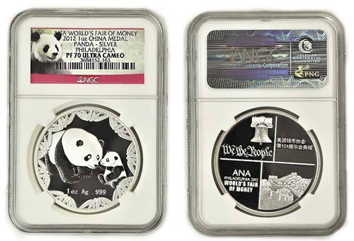 China 2012 Panda - ANA Philadelphia - Worlds Fair of Money - 1 oz Silver Proof Medal Graded NGG PF 70 Ultra Cameo