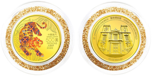 Macau 2022 Year of the Tiger 1/2 oz Gold Proof Coin with Swarovski Crystal Ring - Color