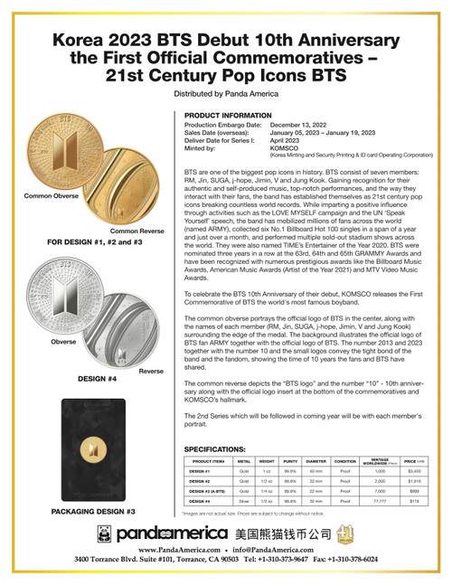 South Korea 2023 1 oz Gold Proof Commemorative - BTS 10th Anniversary - Series I