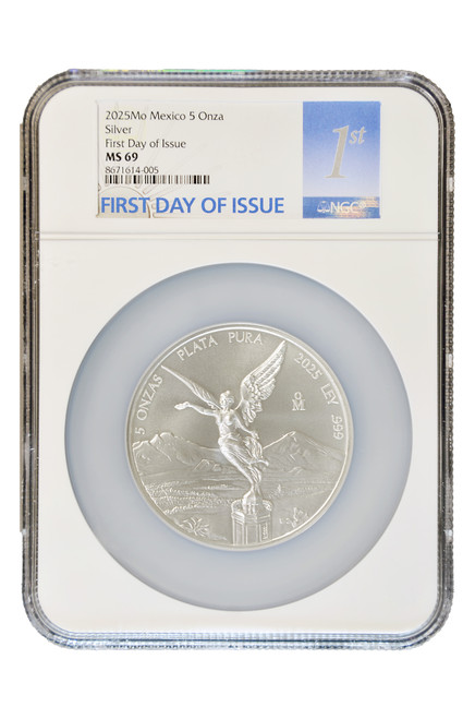 Mexico 2025 Libertad 5 oz Silver BU Coin - NGC MS-69 - First Day of Issue
