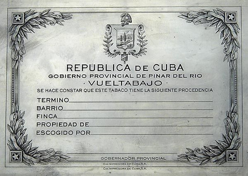 Cuba Tobacco Label - Provincial Government of Pinar Del Rio, Republic of Cuba - Vignette Plate