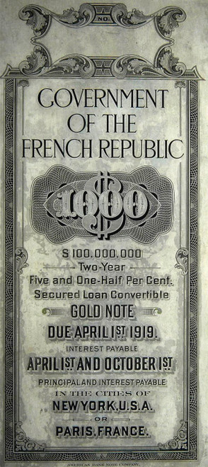 France 1919 $1,000 Two-Year, Five and One Half Percent Convertible Gold Note - Bond Face