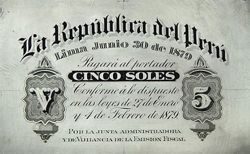 Peru 1879 Cinco Soles - Currency Vignette Plate