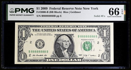 USA 2009 $1 Federal Reserve Note - New York - Special Serial #B88888888B