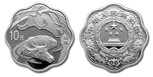 China 2009 Year of the Ox 1 oz Silver Coin Flower-Shaped