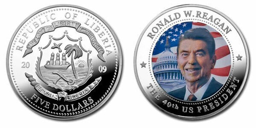 Liberia 2009 Ronald Reagan dollar5 Dollar Coin Layered with .999 Silver