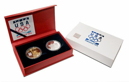 USA 2010 Vancouver Olympic Statue of Liberty Gold Plated and Inukshuk Silver Plated 2-piece Medal Set with USOC Logo