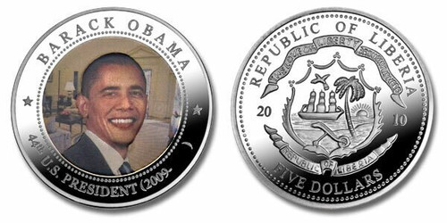 Liberia 2010 Presidential Series - 044th President Barack Obama Five Dollar dollar5 Coin Layered with .999 Silver