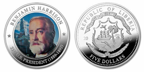 Liberia 2010 Presidential Series - 023rd President Benjamin Harrison Five Dollar dollar5 Coin Layered with .999 Silver