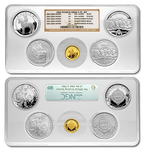 Poarch Creek Indians 2004 Peace and Pow Wow 5-Coin Silver and Gold Proof Coin Set NGC MS-69 and PF-69 Ultra Cameo