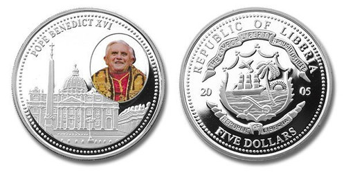 Liberia 2005 Pope Benedict XVI dollar5 Silver Clad Proof Coloried Coin