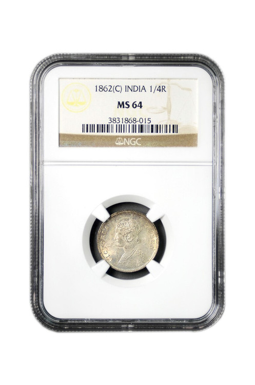 British-India 1862 (C) 1862 Silver 1/4 Rupee NGC Graded MS-64