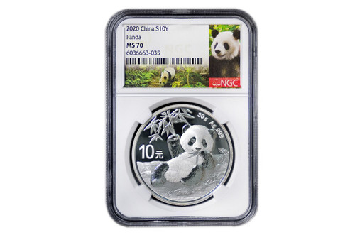 NGC MS70 2020 中国 10元 パンダ銀貨 30g Ag.999 発行初日 China