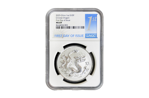 China 2025 Dragon 1 oz Silver BU Coin - NGC MS-69 - First
