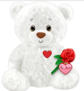 7" white teddy bear with a heart on his chest and holding a rose with a rubber heart that says "be mine."