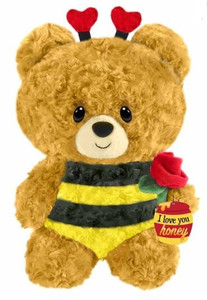 8" Valentine bee bear with heart antennas holding a rose. Comes with a tag that has a honey pot saying "I love you honey."
