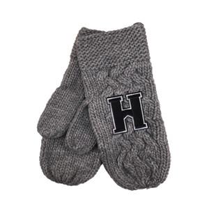 Gray knit mittens featuring a black H logo patch with white outline. Gray knit mittens featuring a black H logo patch with white outline.