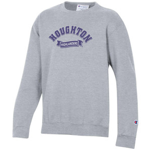 Gray crew with a purple and white Houghton University imprint with University inside a ribbon design. Gray crew with a purple and white Houghton University imprint with University inside a ribbon design.