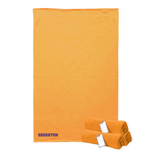 Gold sweatshirt blanket with purple Houghton University in the bottom left corner