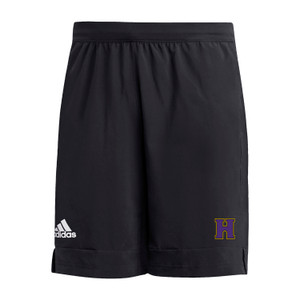 Black Adidas shorts with the athletic H in purple outlined in gold on the left leg. The Adidas logo is in white on the right leg.