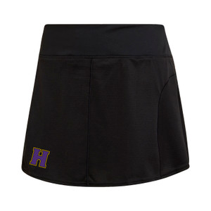 Black Adidas tennis skirt with the athletic H in purple outlined in gold on the right. Black Adidas tennis skirt with the athletic H in purple outlined in gold on the right.