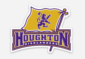 Houghton Highlanders flag logo in purple and gold with rampant lion on flag