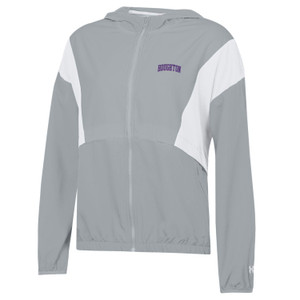Gray and white Under Armour jacket with purple Houghton embroidered on the left chest. Gray and white Under Armour jacket with purple Houghton embroidered on the left chest.