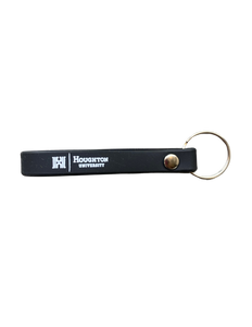 black silicone key ring with the horizontal Houghton University logo in white.
