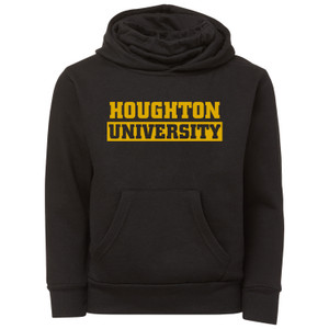 black youth hoodie with face warmer and gold Houghton University on the front black youth hoodie with face warmer and gold Houghton University on the front