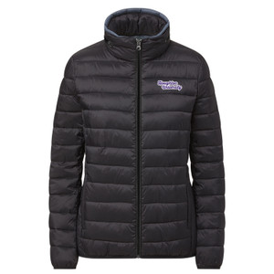 black packable jacket with purple and white script Houghton University embroidered on the left chest black packable jacket with purple and white script Houghton University embroidered on the left chest