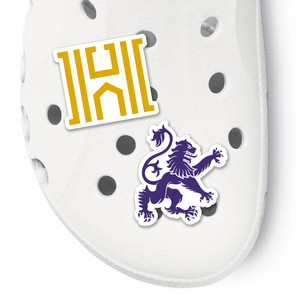 white croc with gold logo H and purple rampant lion shoe charm white croc with gold logo H and purple rampant lion shoe charm
