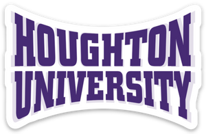 Houghton University concave sticker with words in purple on a white background. Houghton University concave sticker with words in purple on a white background.