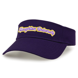 purple visor with purple and gold Houghton University embroidered in script purple visor with purple and gold Houghton University embroidered in script