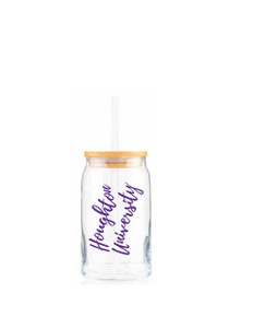 clear glass can with purple script Houghton University and bamboo lid and silicone straw