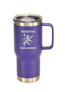 purple steel tumbler with handle and etched Houghton Highlanders and rampant lion