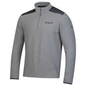 gray 1/4 zip with black shoulders and black Houghton University embroidered on left chest gray 1/4 zip with black shoulders and black Houghton University embroidered on left chest