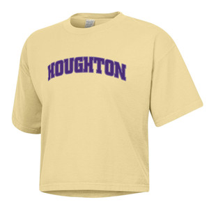 gold boxy tee with purple Houghton imprint