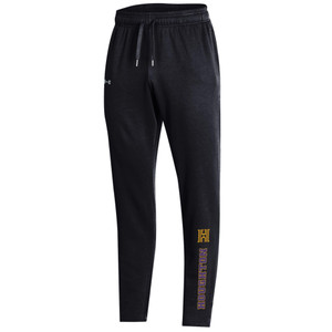 black sweatpants with logo 'H' above the word 'Houghton', imprinted vertically on the bottom left leg in purple and gold