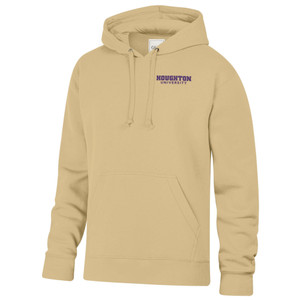 gold hooded sweatshirt with purple Houghton University on the left chest