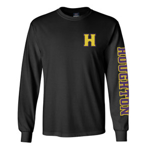 black longsleeve tee with soft flocked 'H' in gold on the left chest, and the same soft flocking of 'Houghton' down the left sleeve in purple and gold.