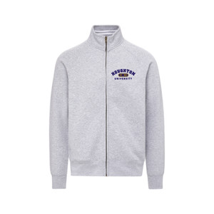 gray full zip sweatshirt with purple embroidered Houghton University and small oval in between with 1883 in gold